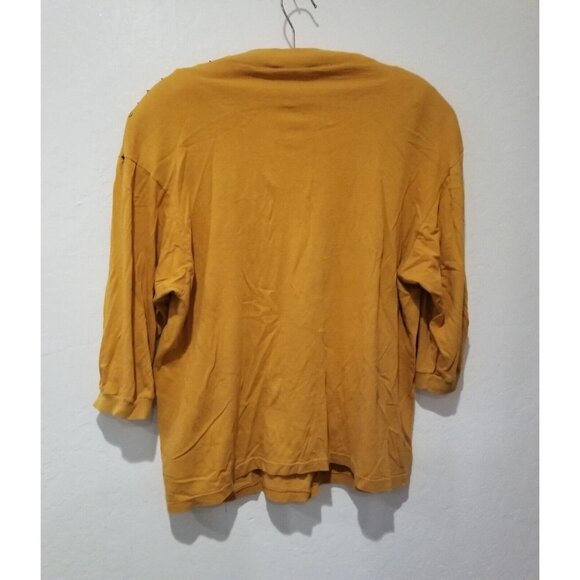 Vintage KWBL Los Angeles Mock Neck Mirror Paint Metallic Top 3/4 Sleeve Mustard - Picture 2 of 7